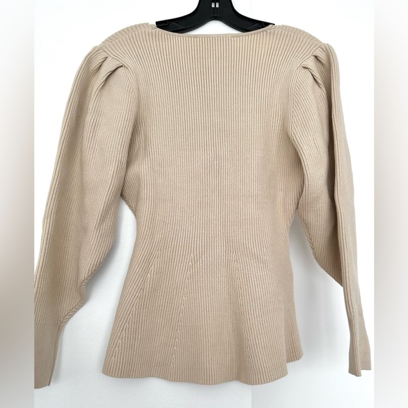 Zara Women's Beige Ribbed Peplum Sweater Top Square Neck Puff Sleeve Large - Picture 2 of 5